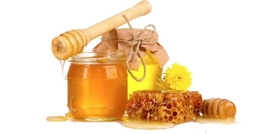 Small Honey Jars with Honeycomb and Blossoms Rustic Product Display PNG Image