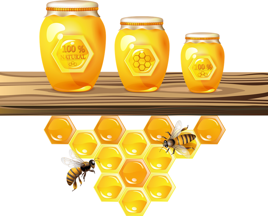 Three Honey Jars with Wooden Dipper and Hexagonal Honeycomb Display PNG Image