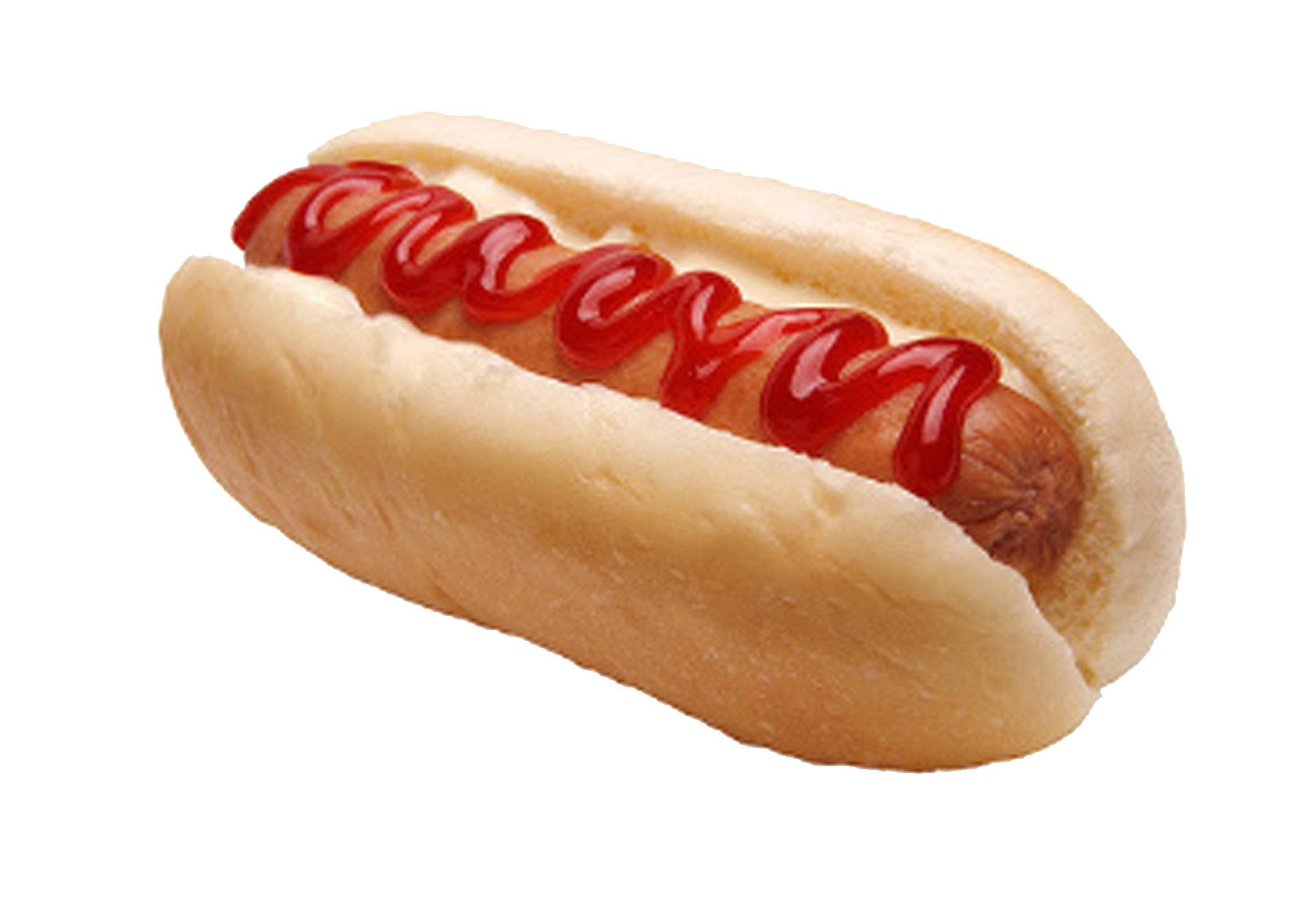 Classic Sausage Hot Dog with Zigzag Red Ketchup on Soft Roll PNG Food Image