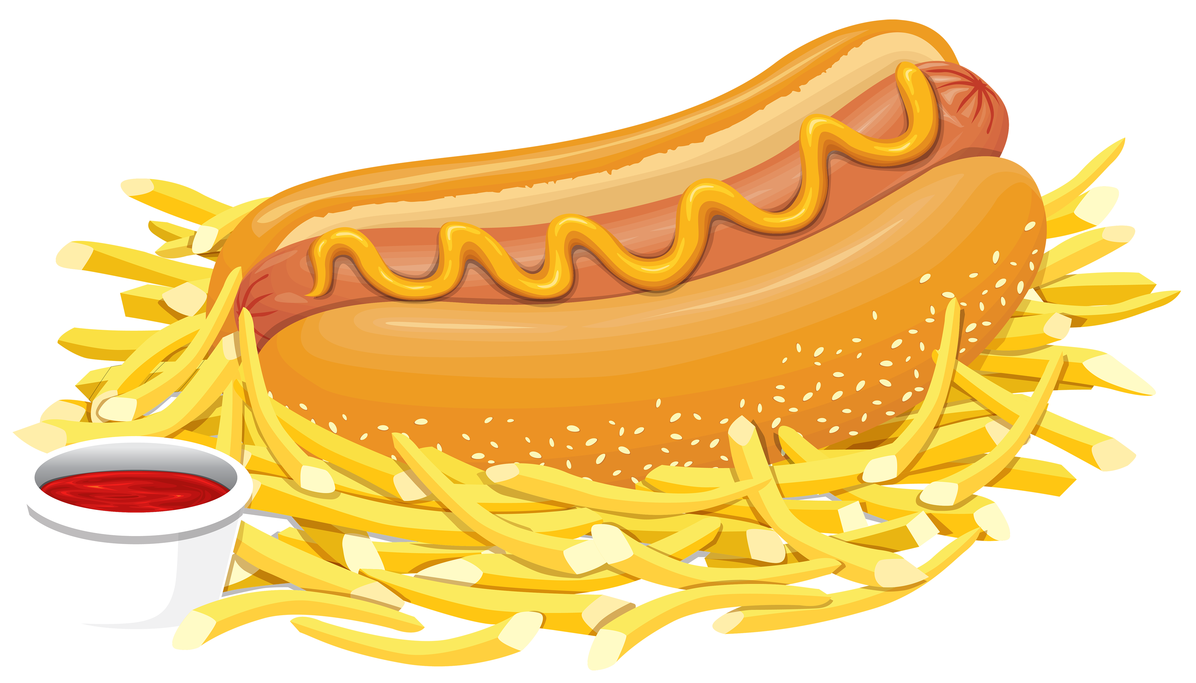 Crispy Hot Dog with Golden French Fries and Dipping Sauce PNG Food Illustration