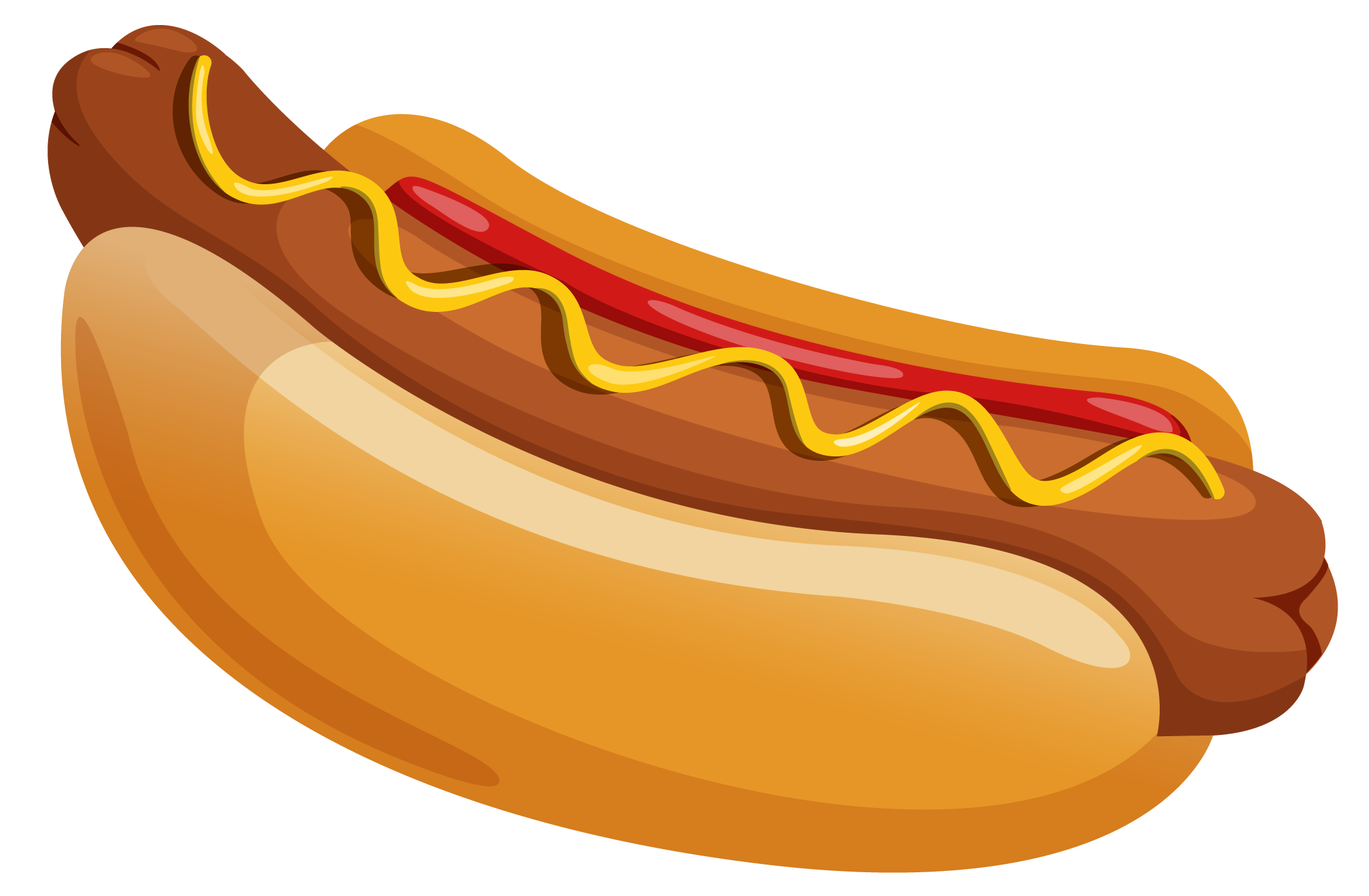Cute Brown Cartoon Sausage Hot Dog with Mustard in Bun Transparent PNG Clipart