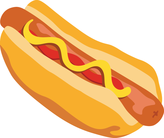 Flat Cartoon Hot Dog Sausage with Ketchup and Mustard Drizzle PNG Clipart