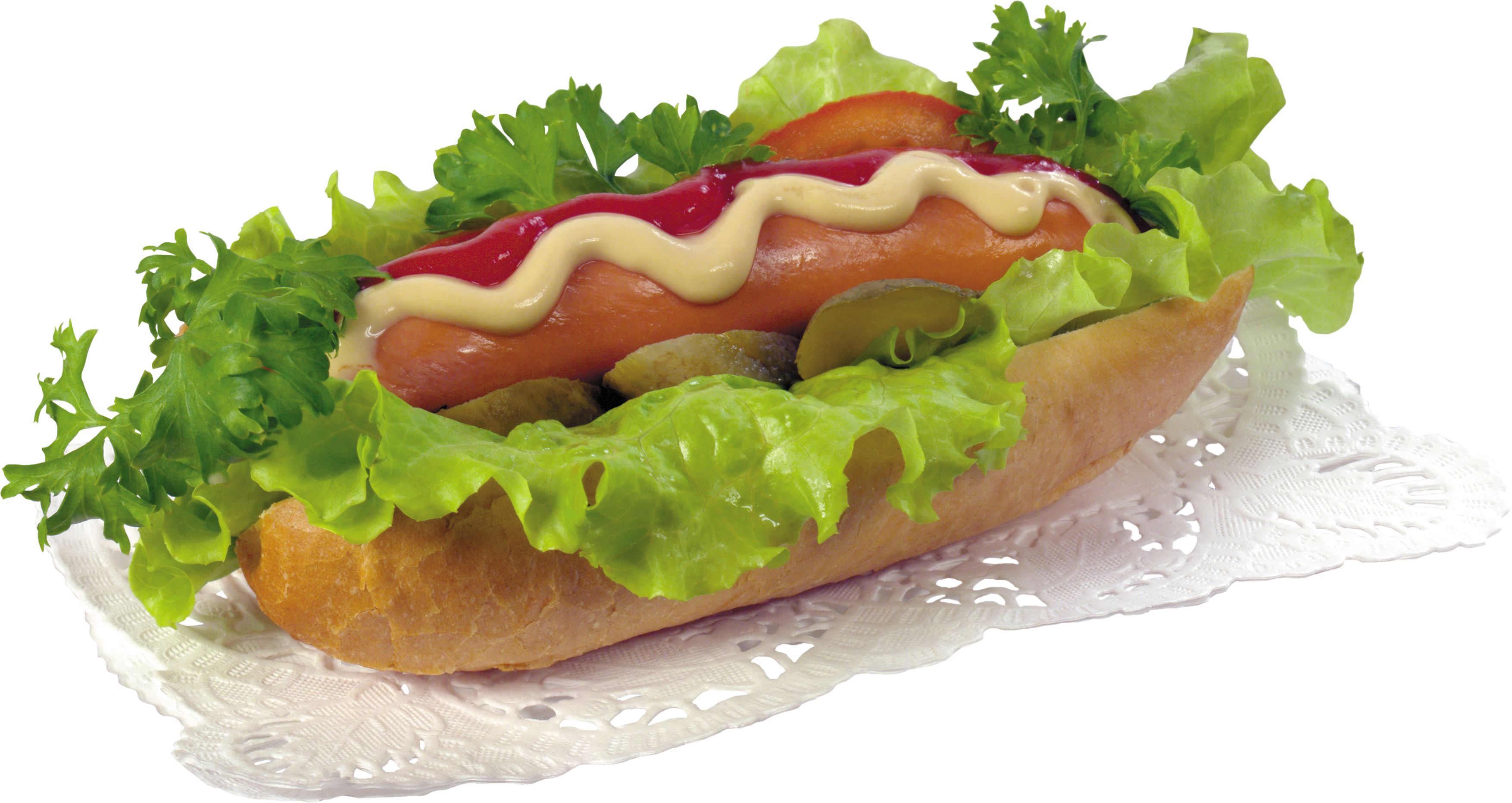 Fresh Hot Dog Sandwich with Lettuce and Crispy Bacon on White Plate PNG Food Image