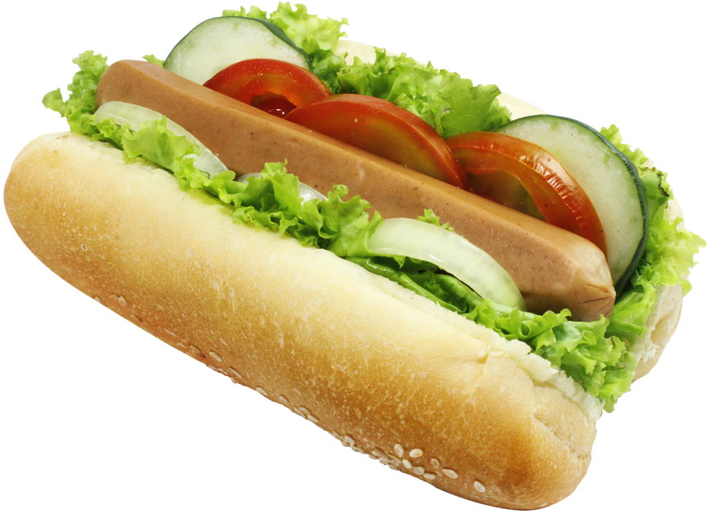 Fresh Hot Dog Sandwich with Lettuce Cucumber and Tomato on Long Roll PNG Image