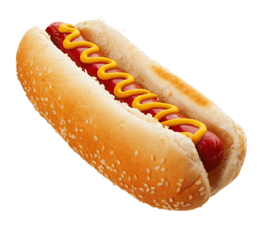 Golden Bun Hot Dog with Red Ketchup and Mustard Stripes Isolated PNG Food Image