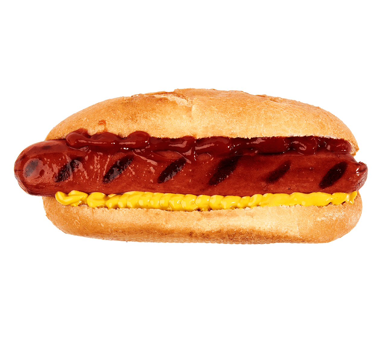 Grilled Sausage Hot Dog with Bright Red Ketchup in Soft Roll PNG Food Image