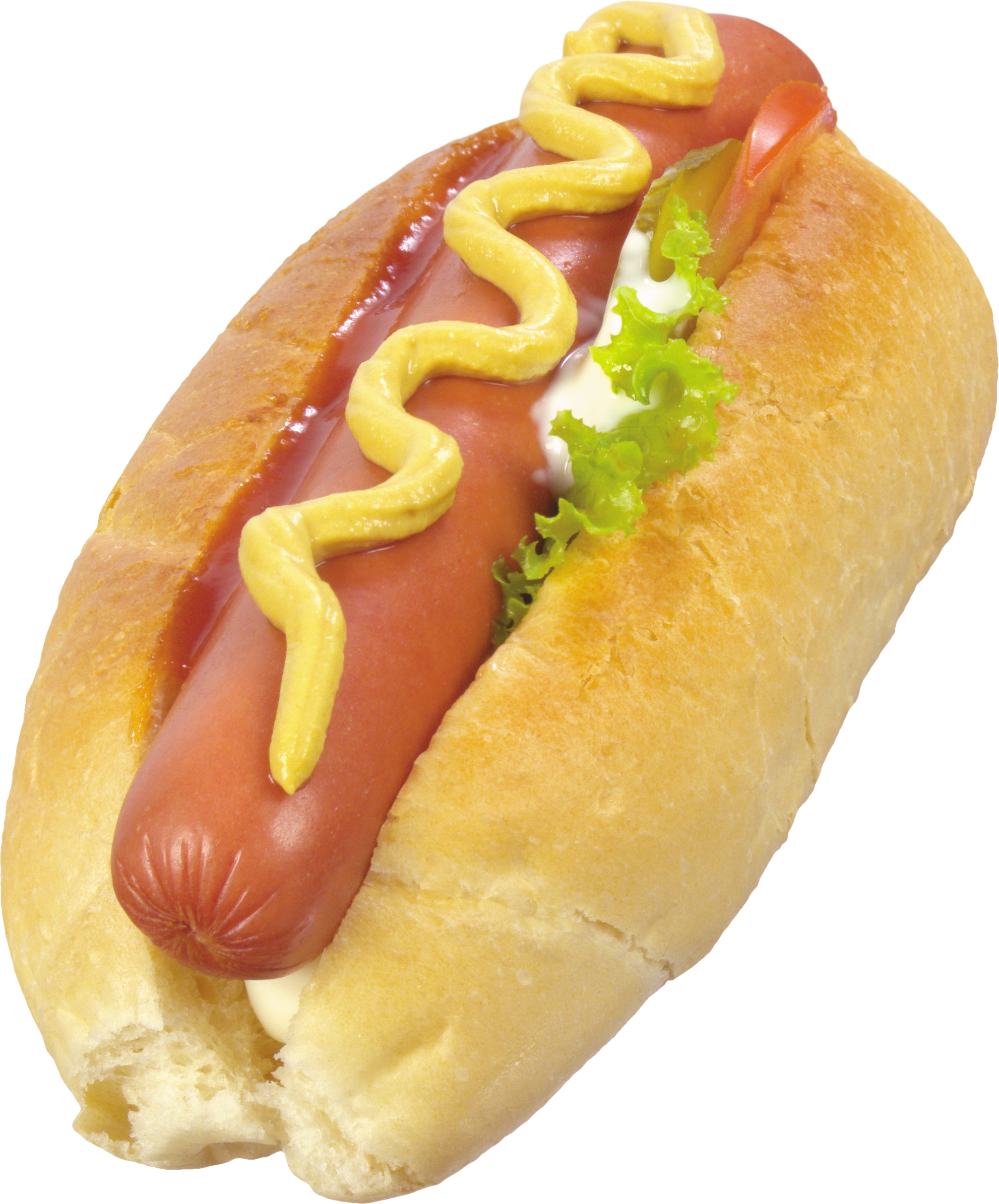 Hot Dog with Mustard Ketchup and Fresh Green Lettuce in Bun PNG Food Image