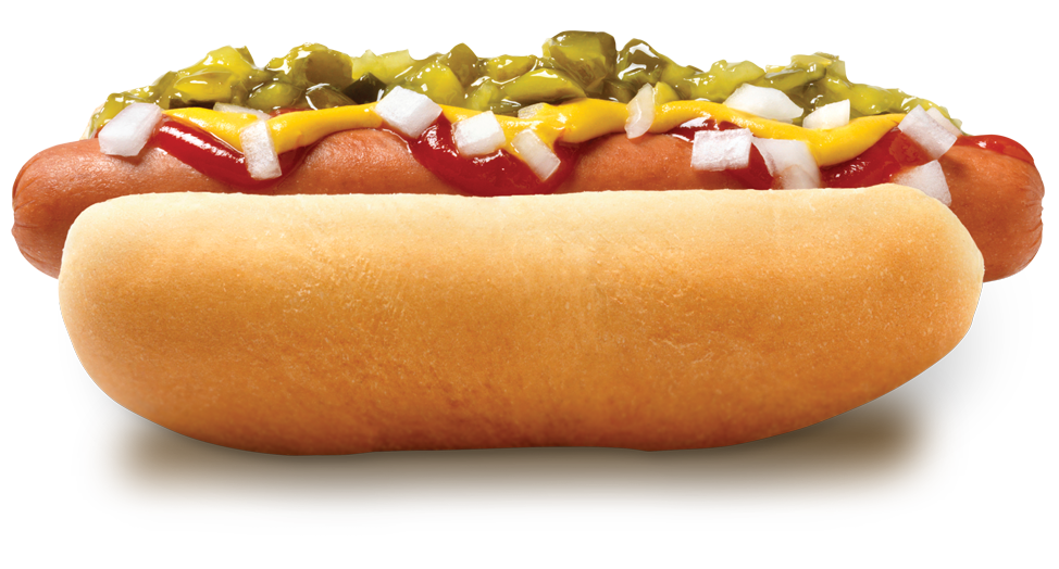 Juicy Sausage Hot Dog with Pickle Relish and Mustard on Bun PNG Food Image