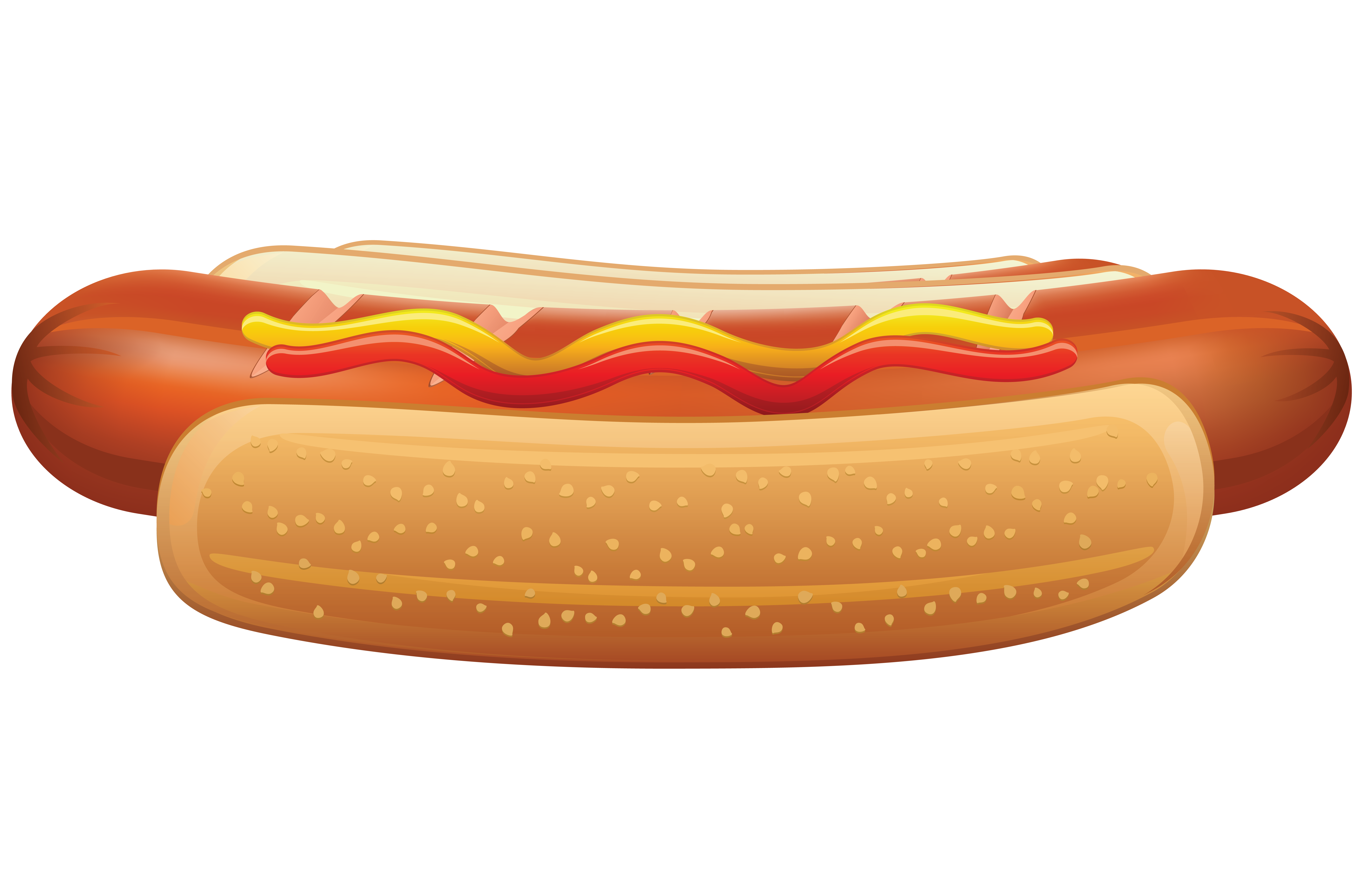 Juicy Sausage in Soft Bun with Red Ketchup and Yellow Mustard PNG Food Image