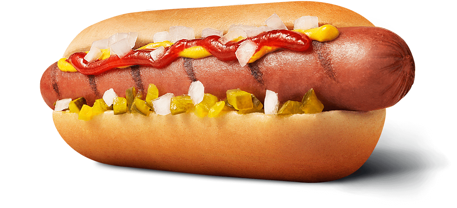 Loaded American Hot Dog with Chopped Onions Relish Ketchup and Mustard PNG Image