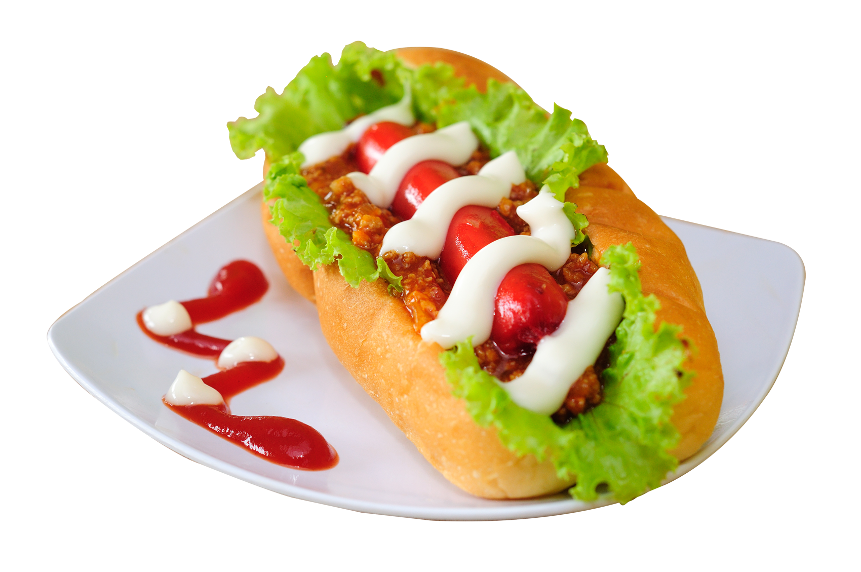 Loaded Hot Dog with Diced Onion Tomato and Relish on White Plate PNG Food Photo