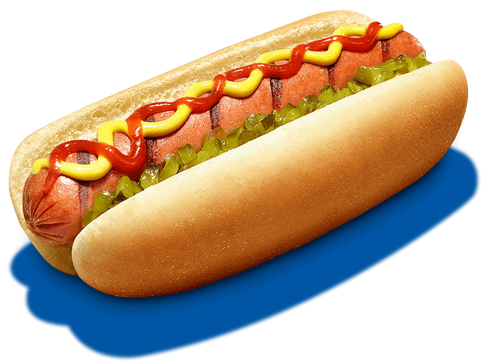 Loaded Hot Dog with Relish Tomato and Mustard on Blue Serving Plate PNG Food Image