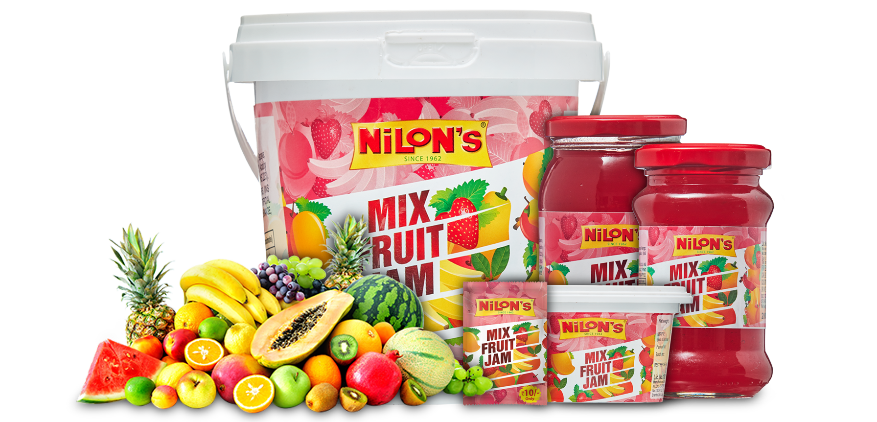 Assorted Colorful Fruit Jam Jars with Fresh Fruit Display PNG Product Image