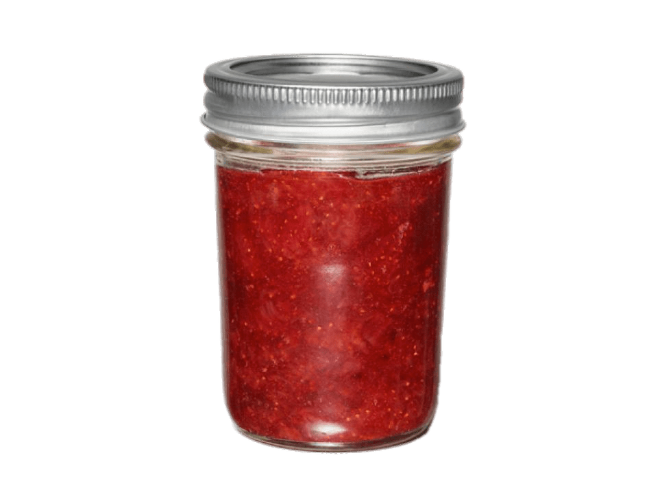 Clear Glass Jar Filled with Red Strawberry Jam and Silver Lid PNG Food Photo