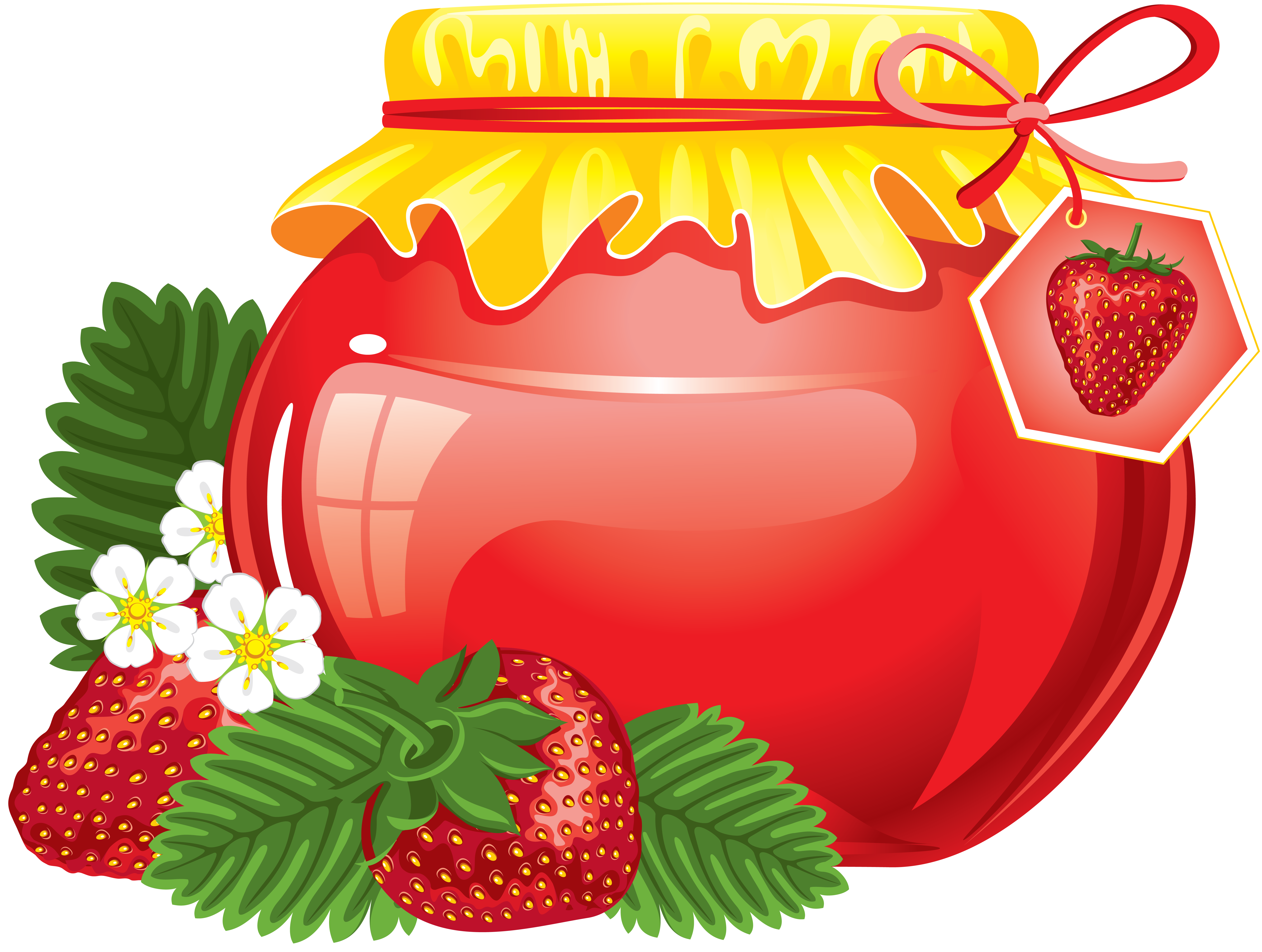 Cute Red Strawberry Jam Pot with Fresh Berries and Green Leaves Cartoon PNG