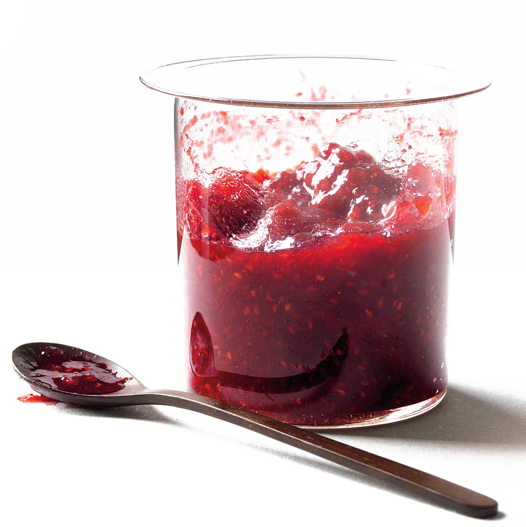 Dark Red Berry Jam Served in Clear Glass with Spoon PNG Food Image