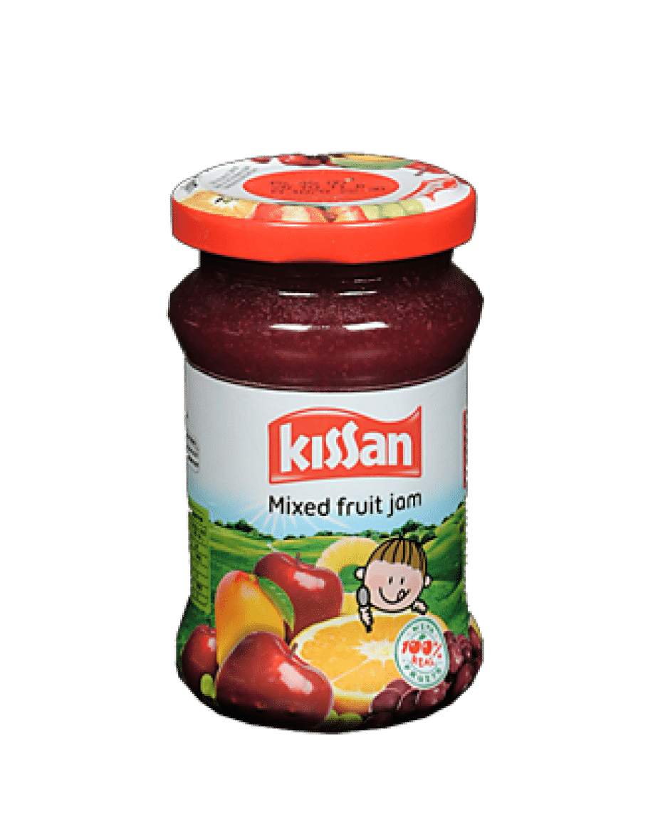 Kissan Mixed Fruit Jam Jar with Bright Green Fruit Label Transparent PNG Product Image