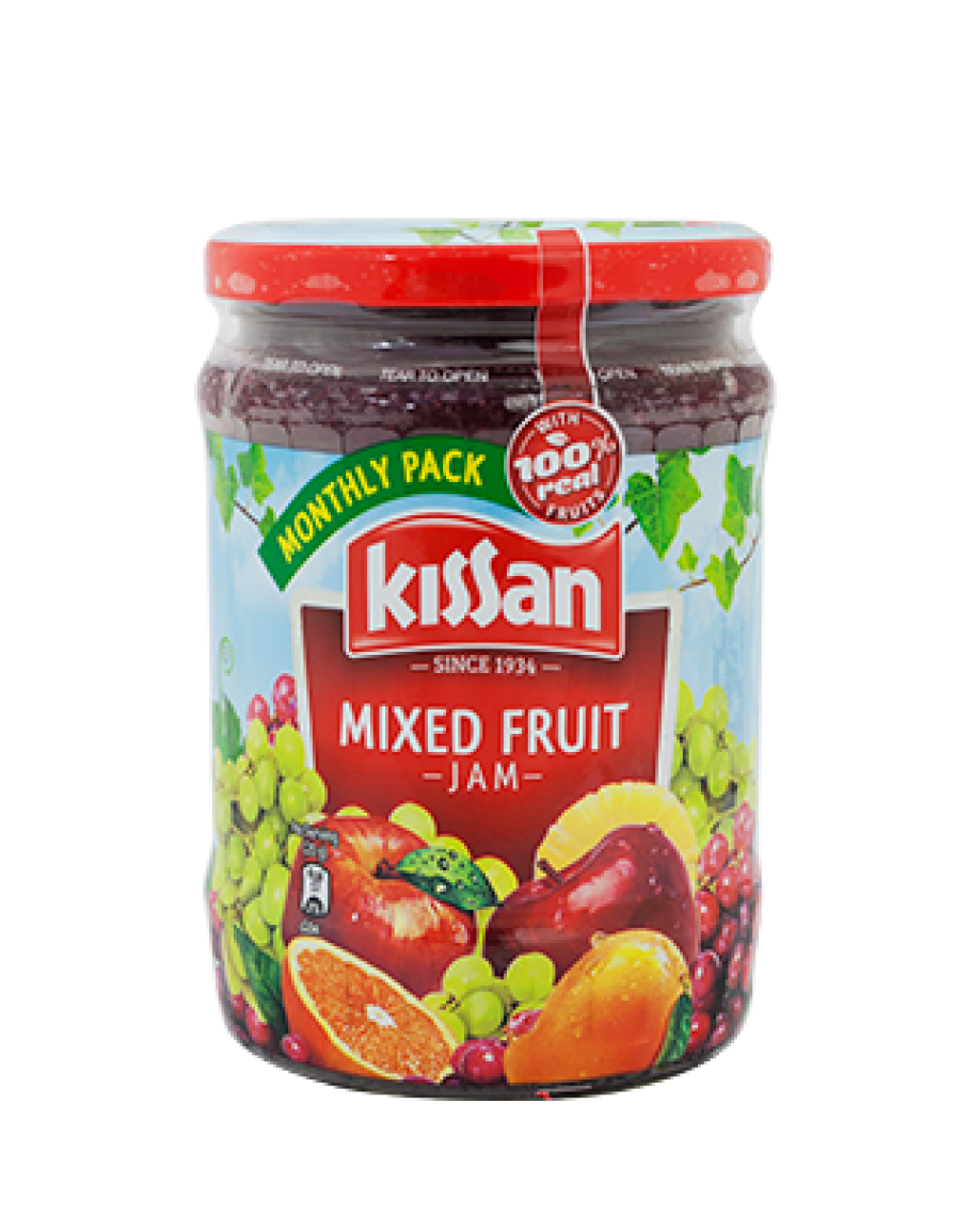 Kissan Mixed Fruit Jam Jar with Colorful Fruit Label Transparent Product PNG