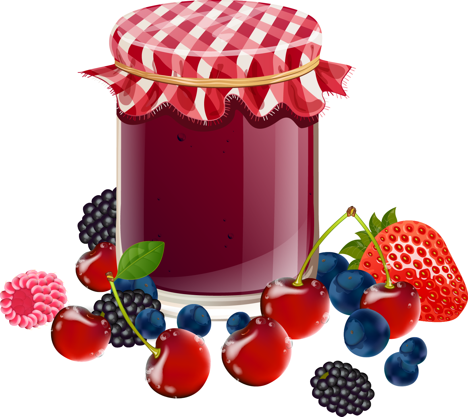 Mixed Berry Jam Jar with Red Checkered Lid and Fresh Berries PNG Food Illustration