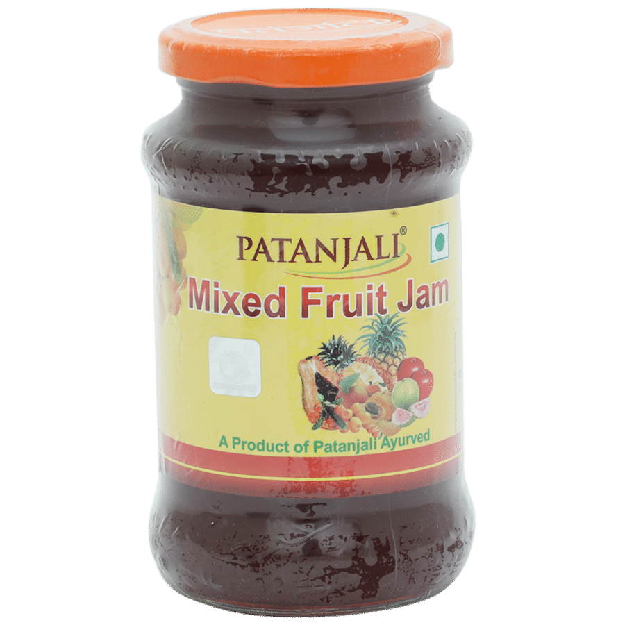 Patanjali Mixed Fruit Jam Jar with Orange Lid Transparent Product Photo PNG