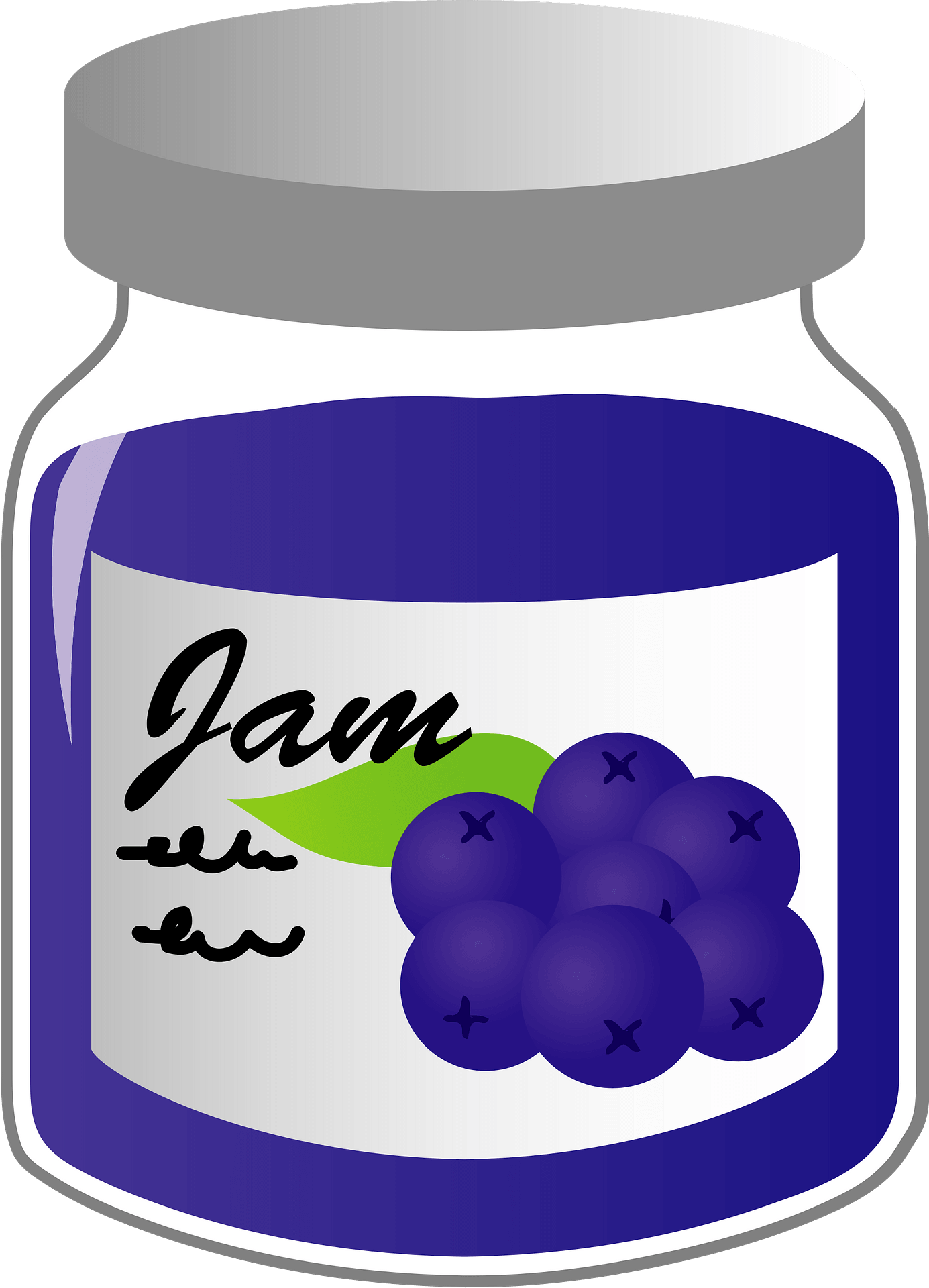 Purple Grape Jam Jar with Blue Lid and Fruit Label Cartoon PNG Clipart Image