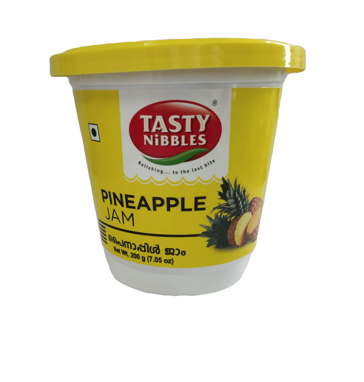 Tasty Bites Pineapple Jam Tub with Yellow Lid Product Packaging PNG Image