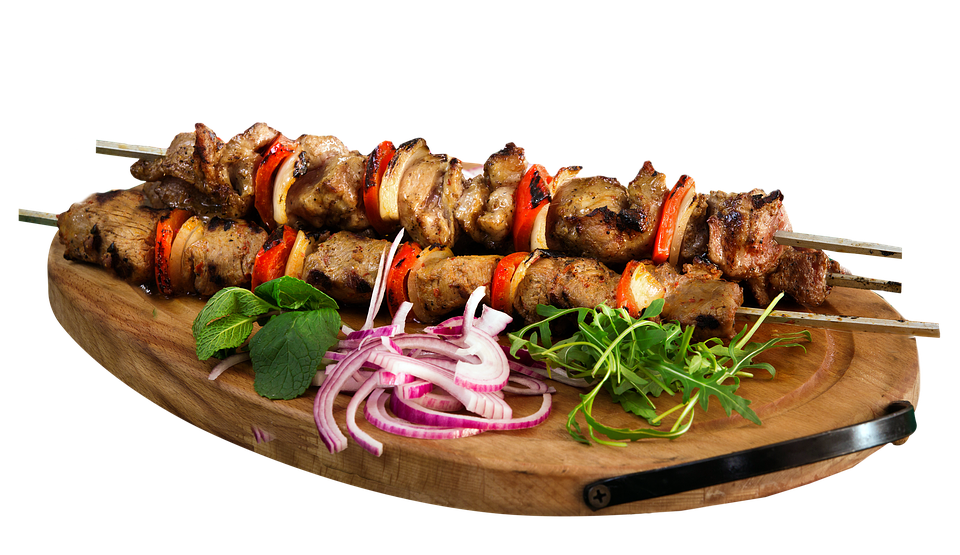 Charcoal Grilled Meat Skewers with Red Onion and Parsley PNG Food Photo