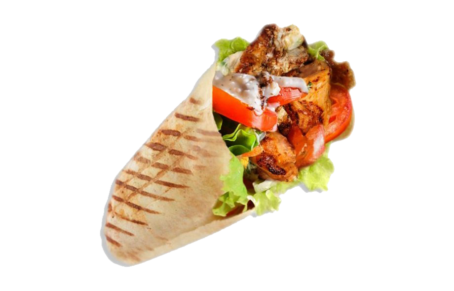 Chicken Kebab Pita Sandwich with Tomato and Leafy Greens PNG Food Image