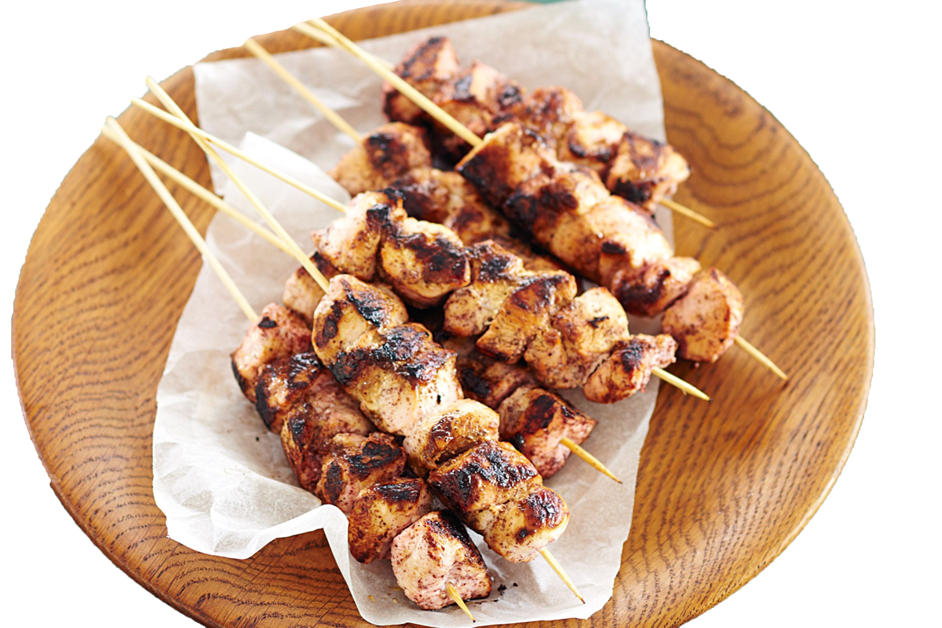 Chicken Satay Kebab Skewers on Wooden Serving Board with Herbs PNG Image