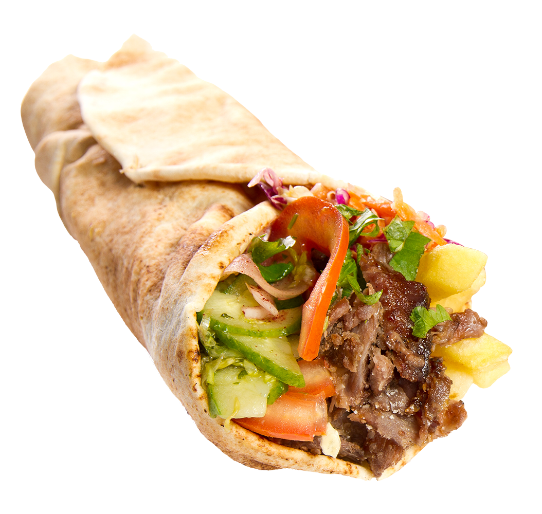Chicken Shawarma Pita Wrap with Fresh Lettuce and Tomatoes PNG Food Image
