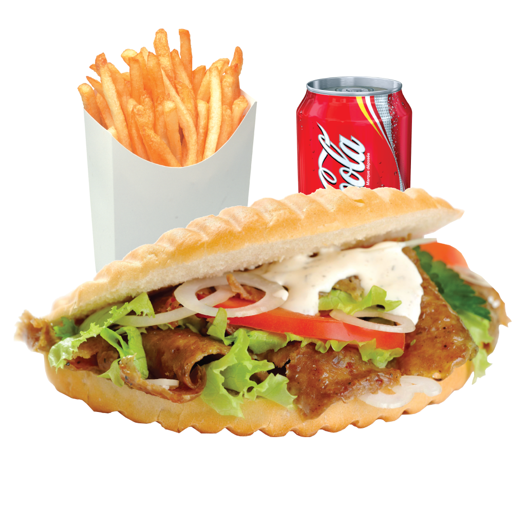 Chicken Shawarma Sandwich with French Fries and Red Soda Drink PNG Meal Image