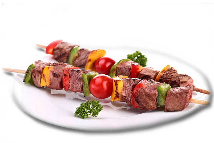 Colorful Grilled Kebab Skewers with Meat and Vegetables on Platter PNG Image