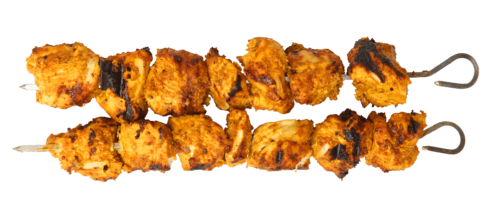 Four Golden Grilled Kebab Skewers with Chunks of Meat PNG Food Photo