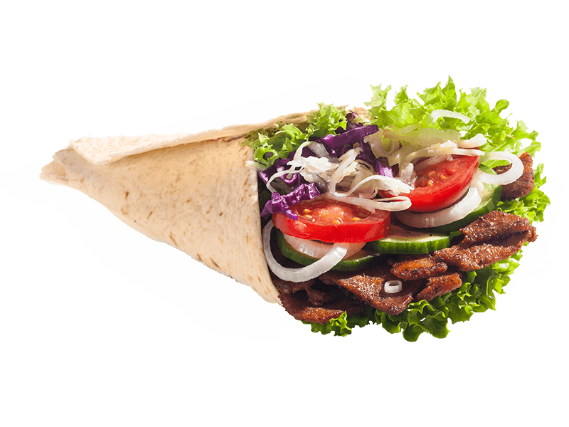 Fresh Pita Kebab Wrap with Grilled Meat Lettuce Tomato and Onion PNG Image
