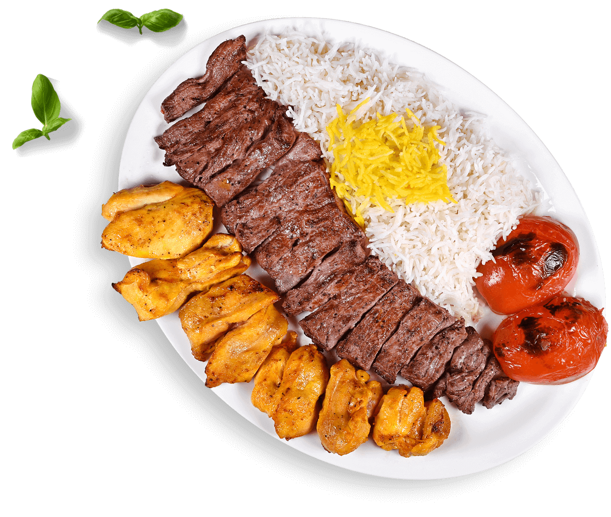 Grilled Beef Kebab with Rice Tomato Cucumber and Fresh Herbs PNG Food Image