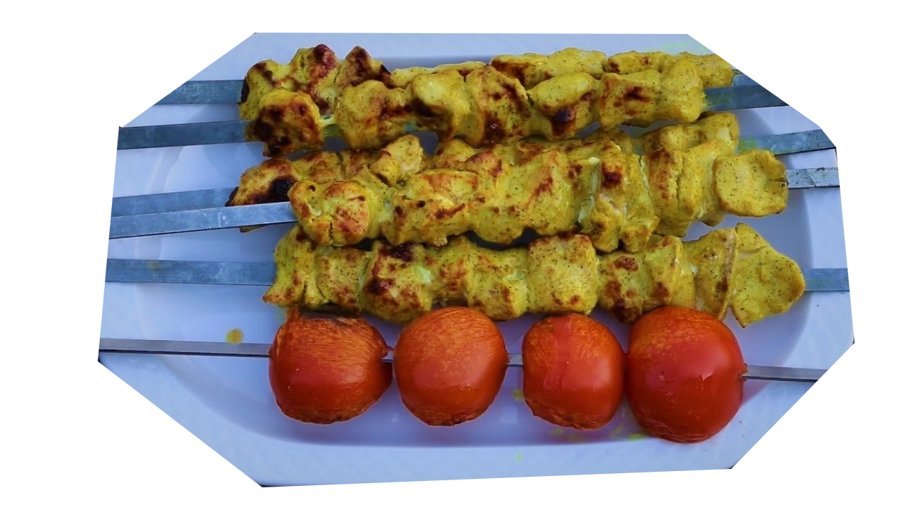 Grilled Chicken Kebab Chunks with Tomatoes on Blue Serving Tray PNG Image