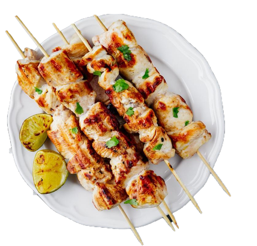 Grilled Chicken Kebab Skewers with Lemon and Cherry Tomatoes on Plate PNG