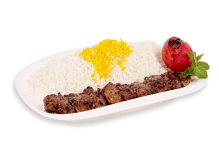 Grilled Kebab Meat with Rice and Tomato on White Serving Plate PNG Food Image