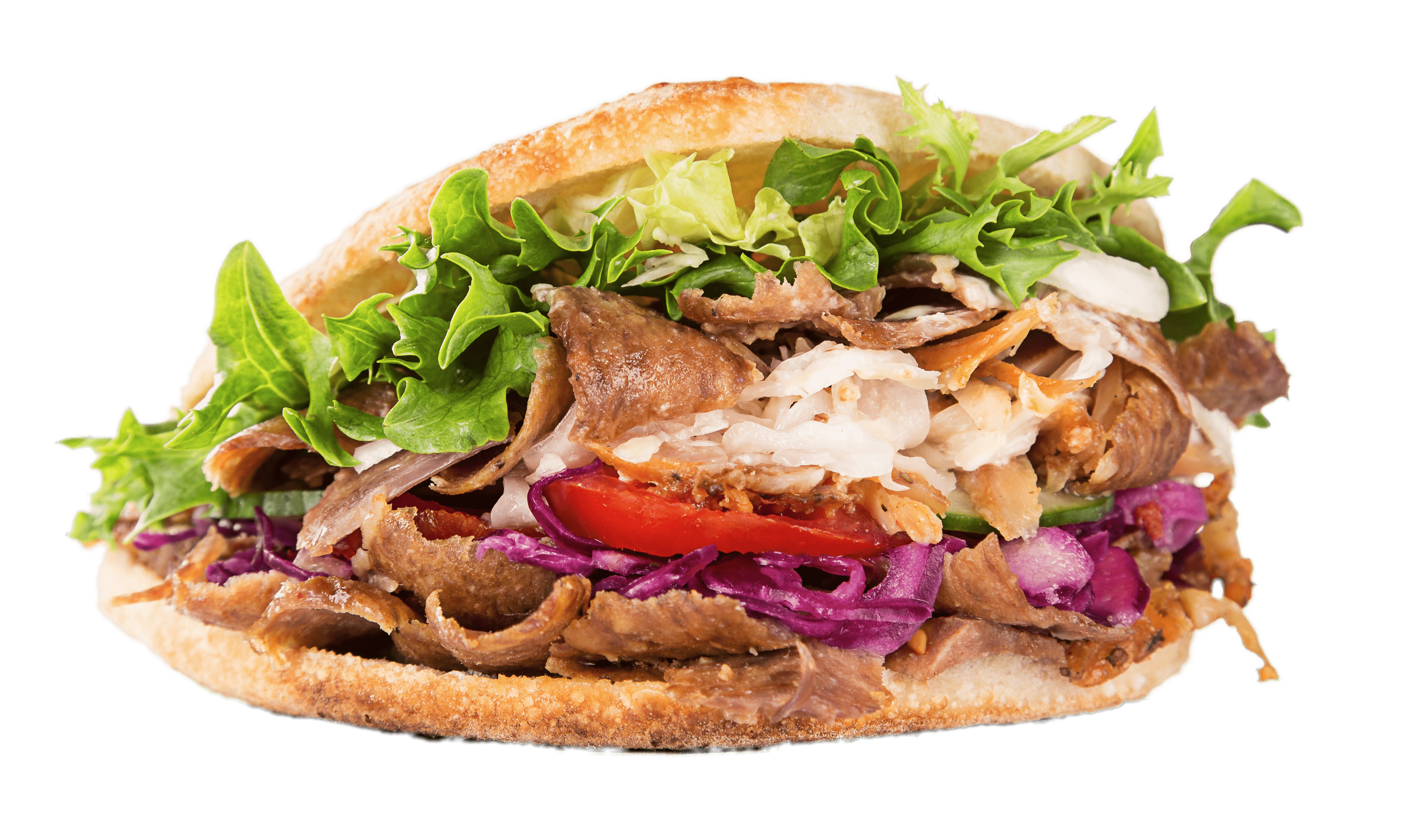 Grilled Kebab Pita Sandwich with Red Onion and Fresh Parsley PNG Food Photo