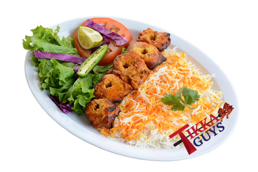 Grilled Kebab Rice Bowl with Salad and Tomato on Ceramic Plate PNG Meal Photo