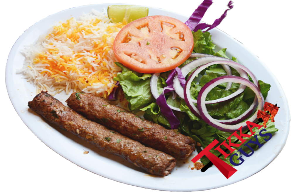 Grilled Kofta Kebab Sausages with Rice Tomato and Red Onion PNG Meal Photo