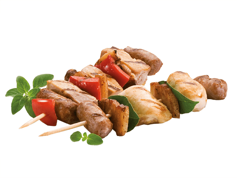 Grilled Meat and Vegetable Shish Kebab Skewers on Serving Plate PNG Food Image