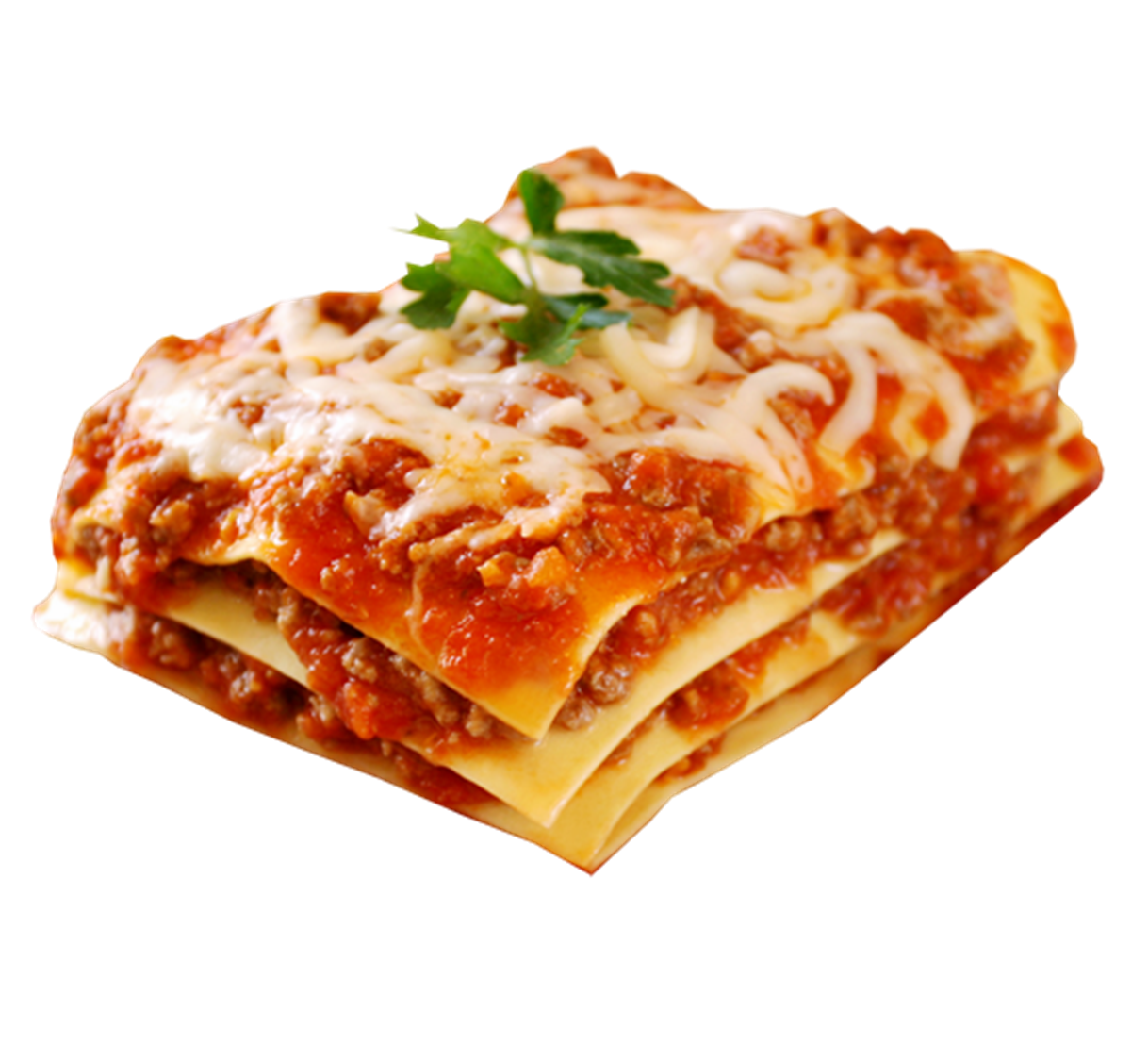 Layered Meat Lasagna Pasta with Tomato Sauce on White Plate PNG Food Photo