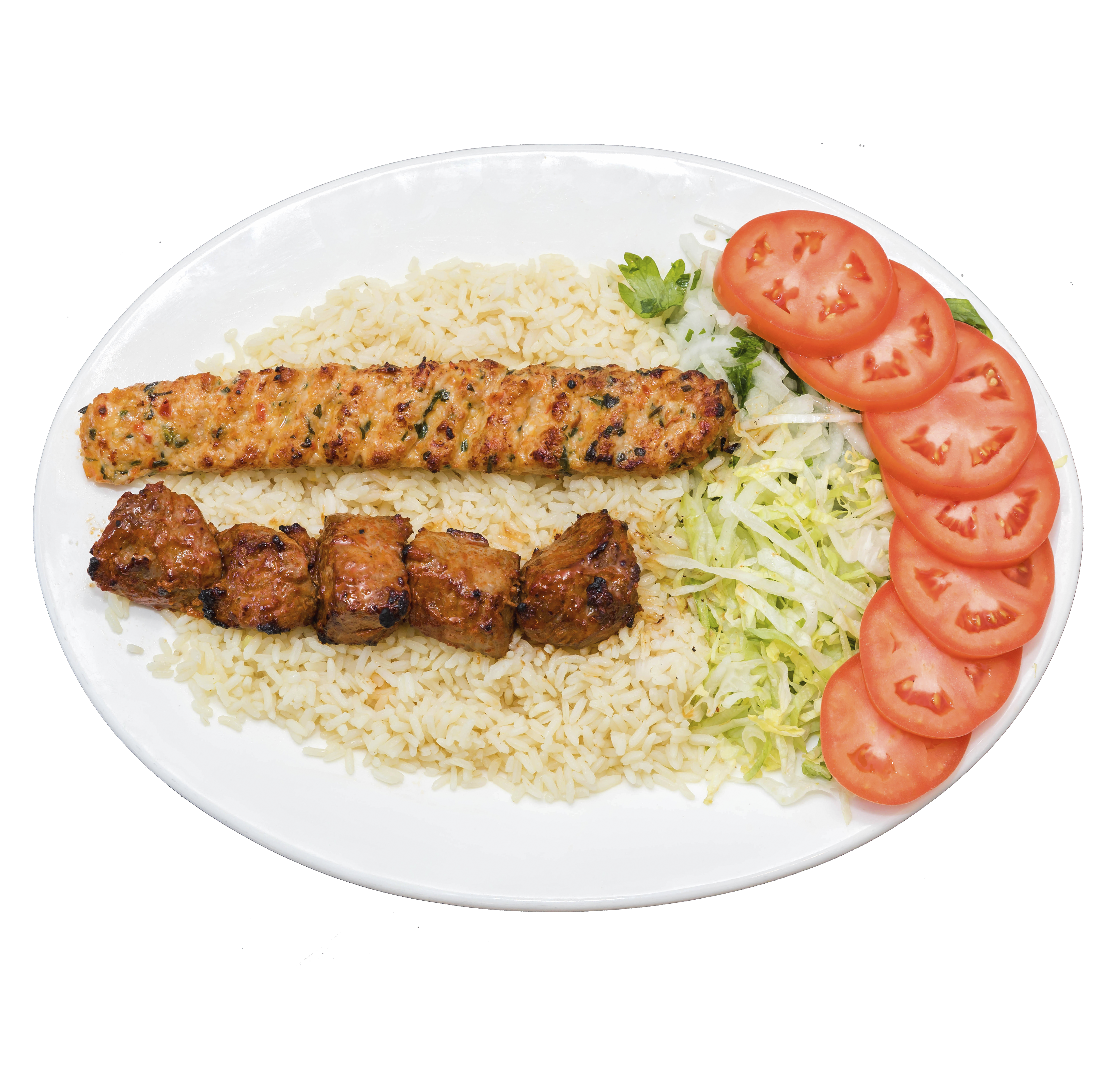 Mixed Grilled Kofta Kebabs with Sausage and Tomato on White Plate PNG