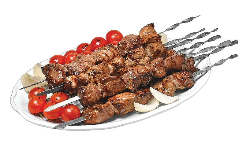 Mixed Grilled Meat Skewers with Tomatoes and Peppers on White Plate PNG Image