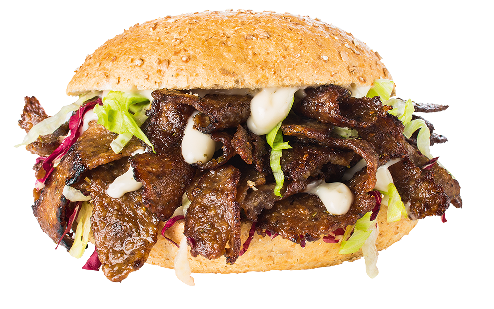 Open Kebab Sandwich with Grilled Meat Lettuce and Onions on Bun PNG Image
