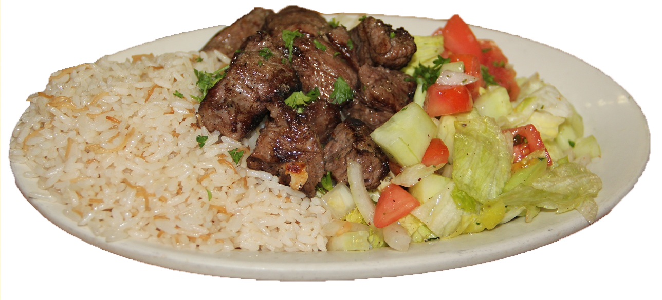 Rice Pilaf with Grilled Kebab Meat and Fresh Tomato on Plate PNG Food Image