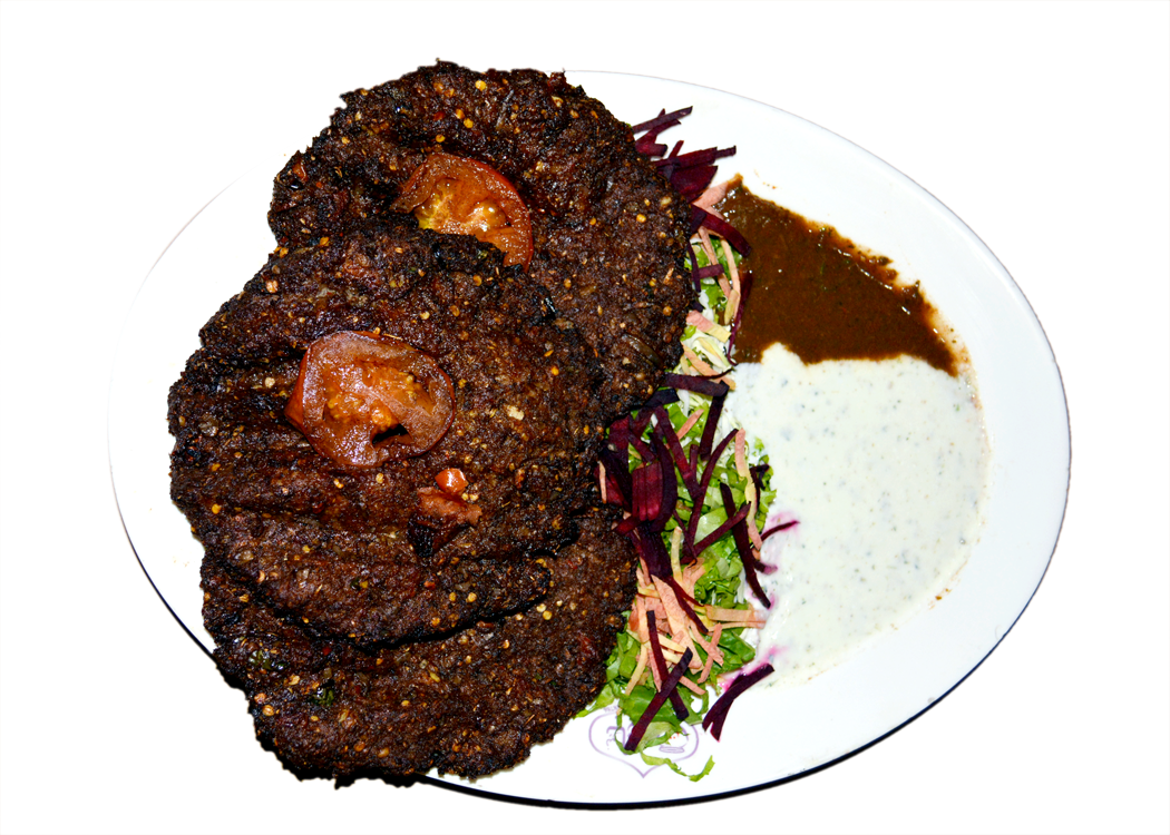 Roasted Doner Kebab Meat Slices with Salad on Serving Plate PNG Food Image