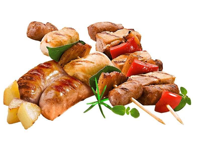 Roasted Meat and Vegetable Kebab Skewers with Potatoes on Plate PNG Image