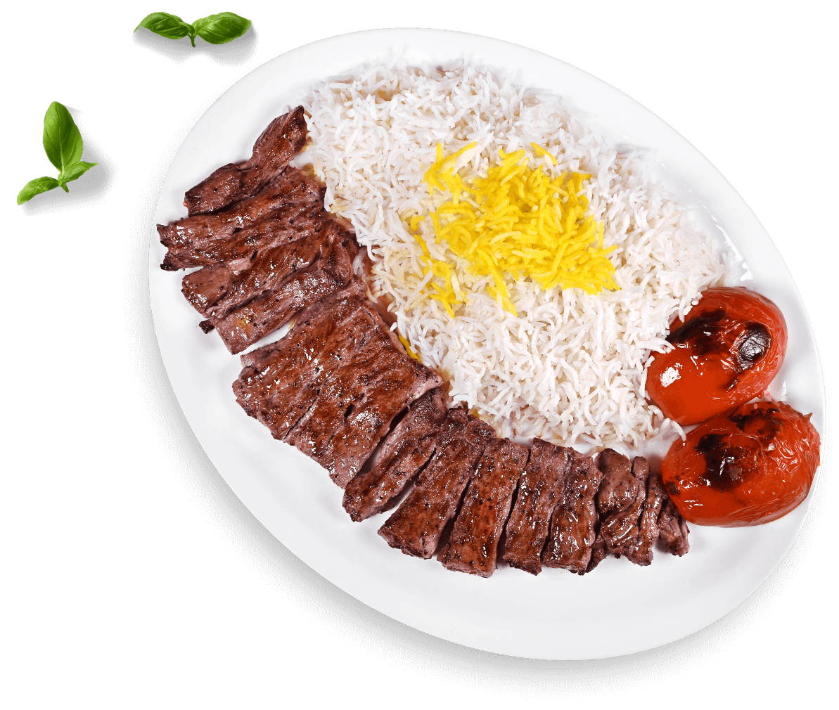 Shish Kebab Meat Skewers with Rice Tomato and Cucumber on Plate PNG Image